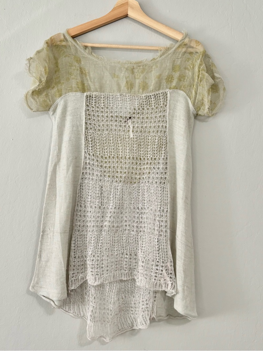 Free People Bohemian Whimsy Sheer Green / Cream Frayed Tunic Blouse
